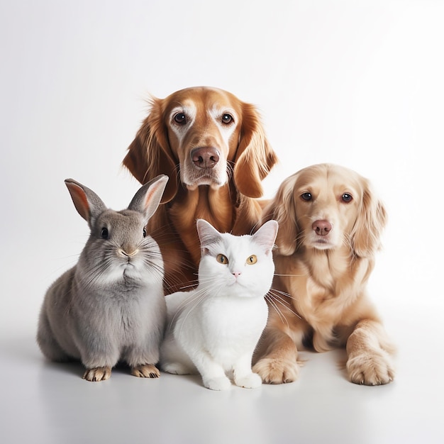 Psy ładny kot i miły królik razem na białym tle zbliżenie świetna ilustracja