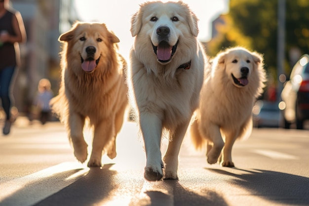 Psy opiekujące się zwierzętami spacerujące z nierozpoznawalnym właścicielem na przejściu dla pieszych w mieście w słoneczny letni dzień AI Generat