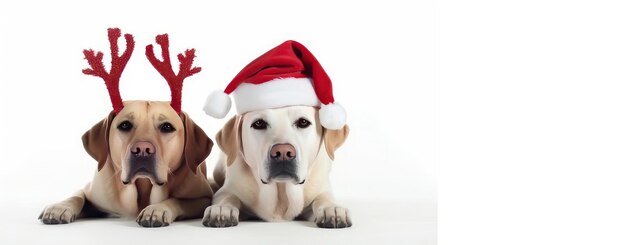 Psy świętujące Święta Bożego Narodzenia noszące czerwony kapelusz Świętego Mikołaja, renifery i czerwony prezent