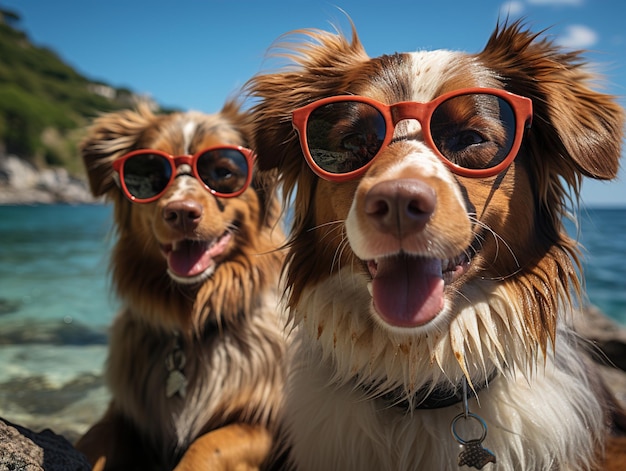 psy w okularach przeciwsłonecznych na tle plaży Generacyjna AI