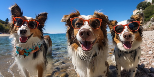 psy w okularach przeciwsłonecznych na tle plaży Generacyjna AI