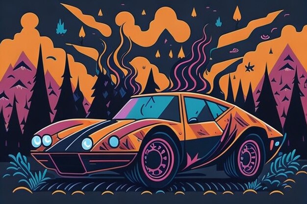 Psychedelic Space Flat Cartoon Ilustracja samochodów w żywym stylu wektorowym z wzorem w dzieciach