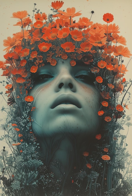 Zdjęcie psychedeliczna sztuka portret kobiety ładny plakat w stylu hipisów generatywna sztuczna inteligencja