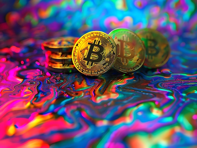 Zdjęcie psychedeliczna tapeta z bitcoinem ustawiona na tle trippy i ilustracji crypto trading background