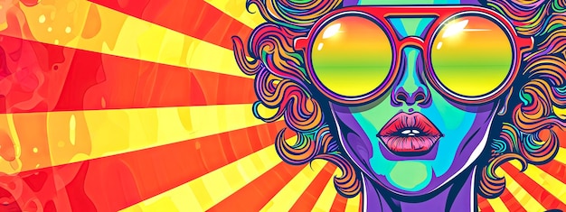 Psychedeliczny portret kobiety z kolorowymi wzorami i okularami zachodniami słońca