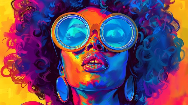 Zdjęcie psychedeliczny portret kobiety z niebieskimi oczami i kręconymi włosami noszącej okulary przeciwsłoneczne na tle jest jasnożółty