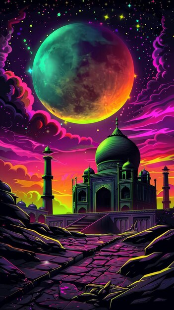 Psychedeliczny taj mahal w jasnych neonowych kolorach