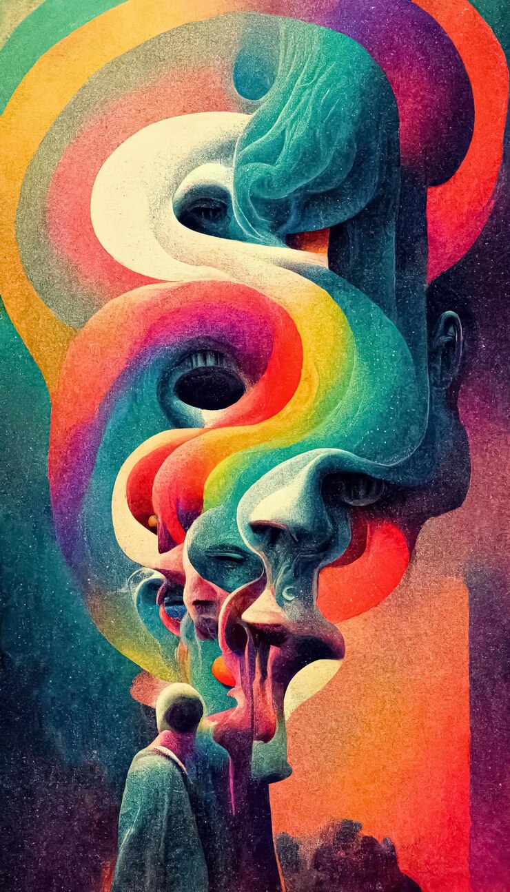 Psychodeliczne trippy LSD lub magiczne grzyby halucynacje hipis koncepcja projekt ilustracja 3D