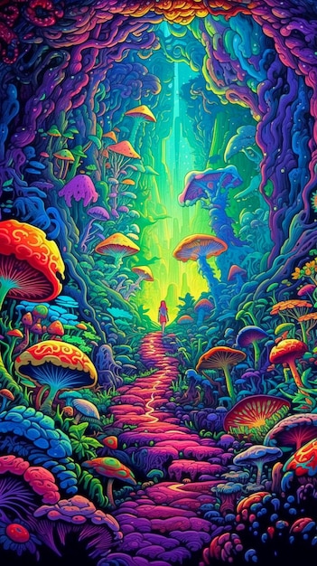 Psychodeliczny i trippy plakat krajobrazowy w stylu ilustracji z lat 60. AI Generated