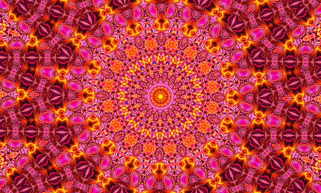 Psychodeliczny koralowy i fioletowy kalejdoskop z żółtymi spiralami. Optyczna iluzja ekspansji