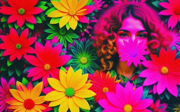 Psychodeliczny portret dziewczynki w kolorowych kwaśnych kwiatach w stylu Generative AI z lat 70