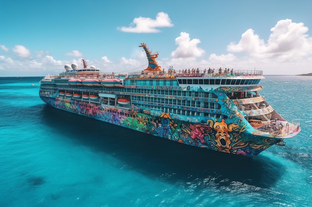 Psychodeliczny statek wycieczkowy na Karaibach z krystalicznie czystą, błękitną wodą Generative AI