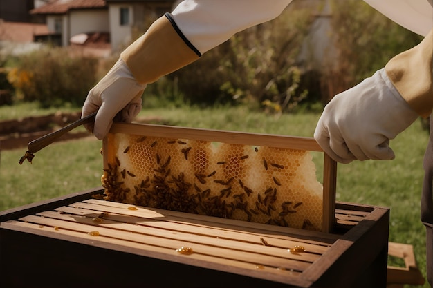 pszczelarz pracujący z pszczołami trzymającymi plaster miodu