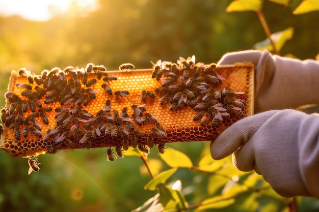 Zdjęcie pszczelarz trzyma ramę z plastrami miodu i technologią generative ai pszczół