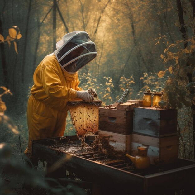 Zdjęcie pszczelarz w kostiumie ochronnym i rękawiczkach badający pszczoły z pszczołami podczas przygotowywania się do zbierania miodu w pszczelni