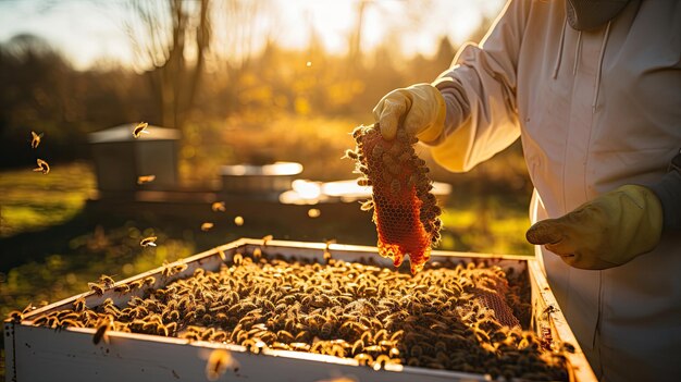 Zdjęcie pszczelarz w ochronnej odzieży roboczej trzyma i sprawdza ul z pełnymi pszczołami w pasiece