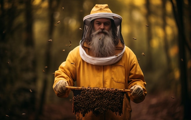 Zdjęcie pszczelarz w odzieży ochronnej trzymający pąki na świeżym powietrzu