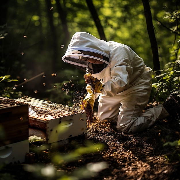 pszczelarz w specjalnym garniturze do ochrony bakteriologicznej pracuje z ulami.