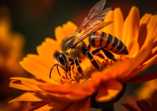 Pszczoła Araffe na żółtym kwiacie z generatywnym ai czarnym tłem
