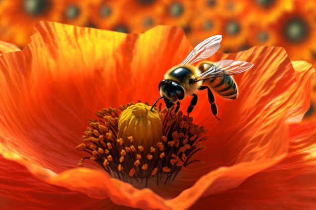Pszczoła jest na kwiatku z żółtym tłem.