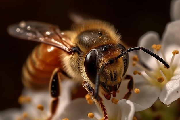 Pszczoła jest widziana na kwiacie z białym kwiatem w tle.