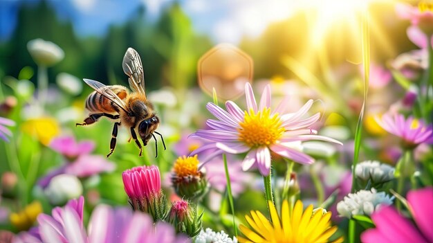 Pszczoła latająca i jedząca nektar z kwiatów kwitnących Projekt tła baneru