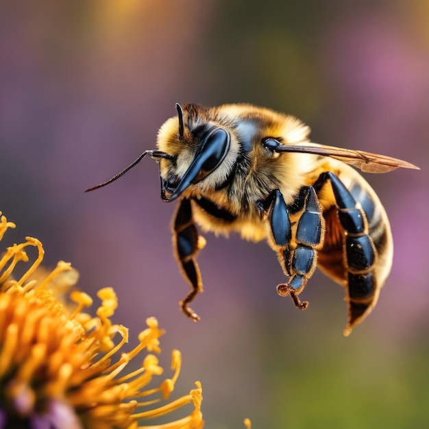 Pszczoła latająca pod zbieranie pyłku na kwiat Pszczoła latająca nad kwiatem