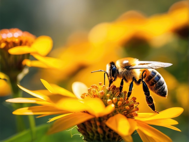 Pszczoła latająca pod zbieranie pyłku na żółty kwiat Pszczoła latająca nad kwiatem