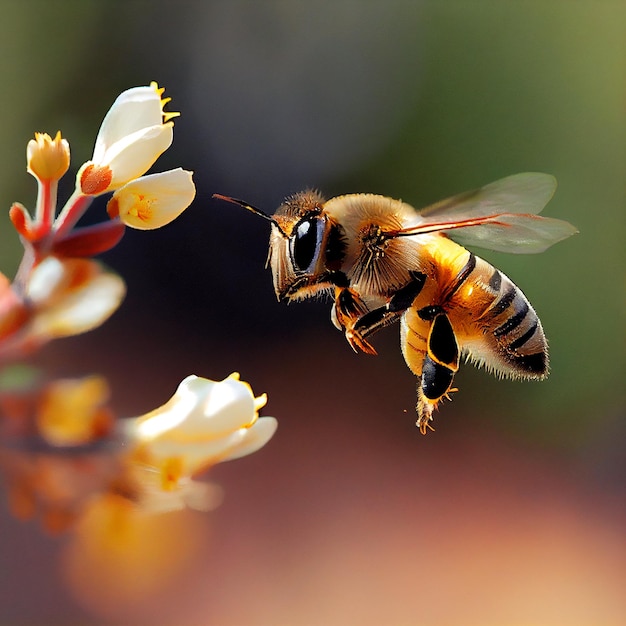 Pszczoła leci do białego kwiatu z żółtymi kwiatami.