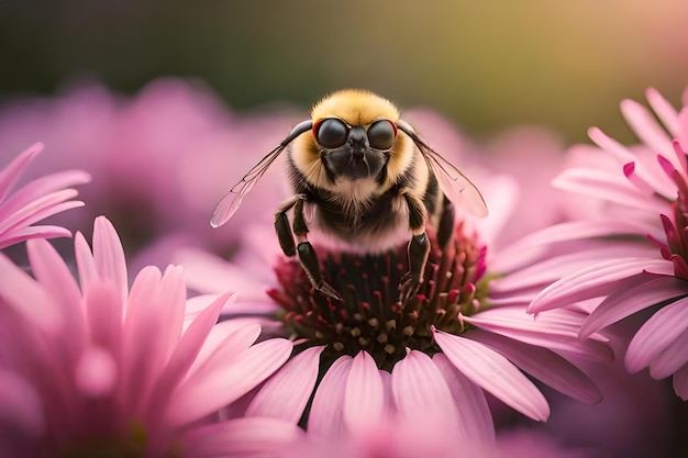 Pszczoła leci w kierunku kwiatu w widoku z przodu
