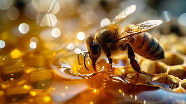Pszczoła miodna siedząca na sześciokątnym płatku selektywnego skupienia Generatywna sztuczna inteligencja