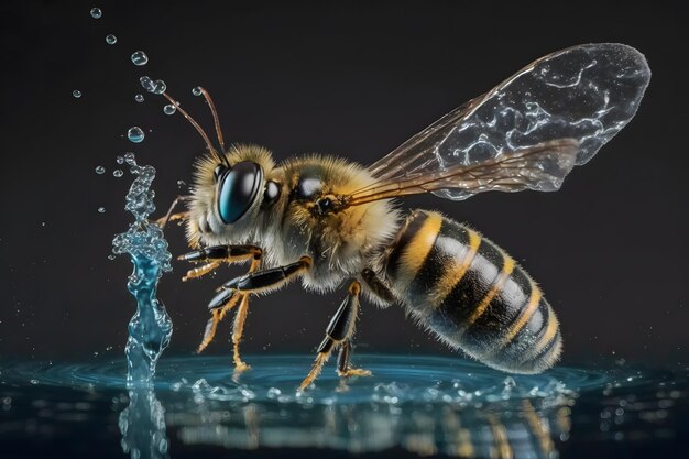 Pszczoła miodna z bliska kropli wody Wygenerowana sztuczna inteligencja sieci neuronowej