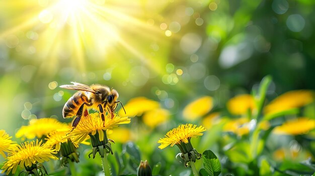 Pszczoła miodowa zbiera nektar z żółtych kwiatów pączka wygenerowanych przez sztuczną inteligencję