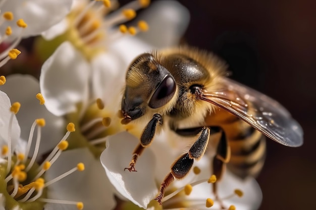 Pszczoła na białym kwiacie zbiera pyłek Ilustracja generatywna AI