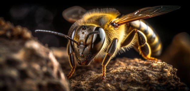 Pszczoła na kłodzie z czarnym tłem