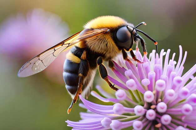 Zdjęcie pszczoła na kwiatku z fioletowym kwiatem w tle