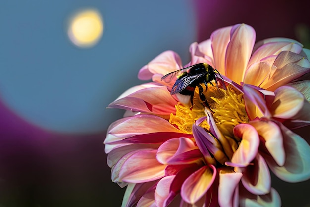Pszczoła na kwiatku z księżycem w tle