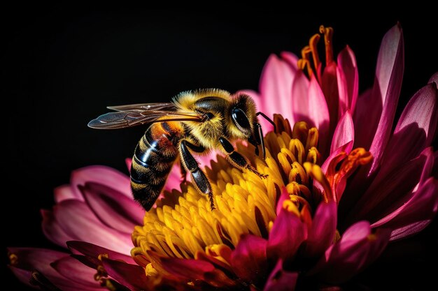 Pszczoła na kwiatowym zdjęciu makro z owadem z wdziękiem zbierającym nektar