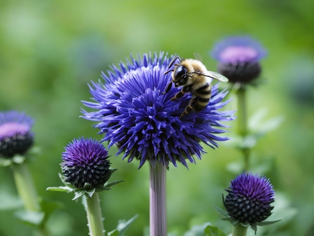 Pszczoła na niebieskim ostu kuli ziemskiej z zielonym tłem