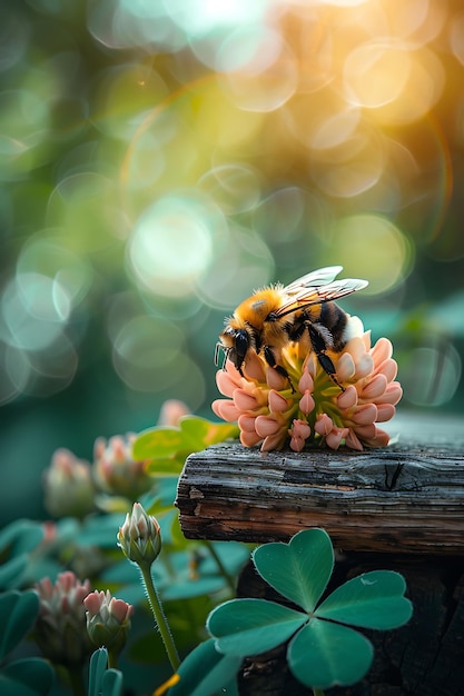 Zdjęcie pszczoła na różowym kwiatku zbiera nektar fotografia makro selektywne skupienie