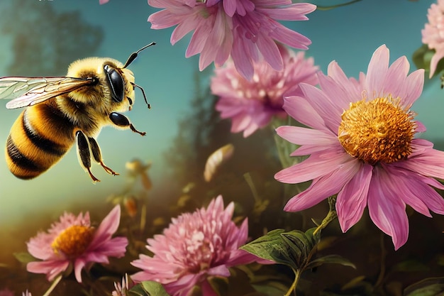 Pszczoła na różowym kwiecie