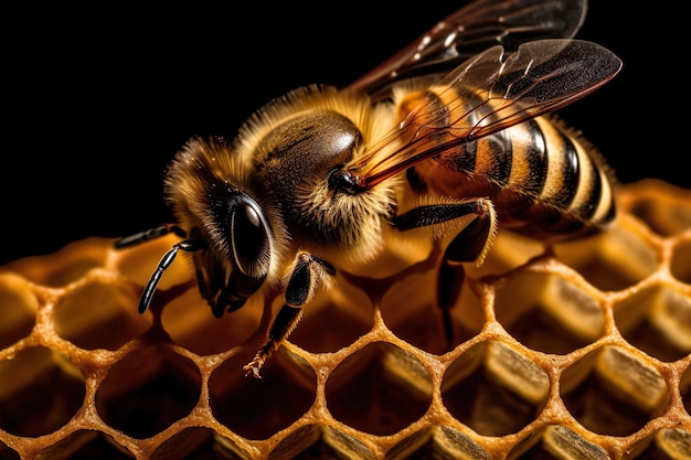 Pszczoła na tle generatywnego światowego dnia pszczół o strukturze plastra miodu ai