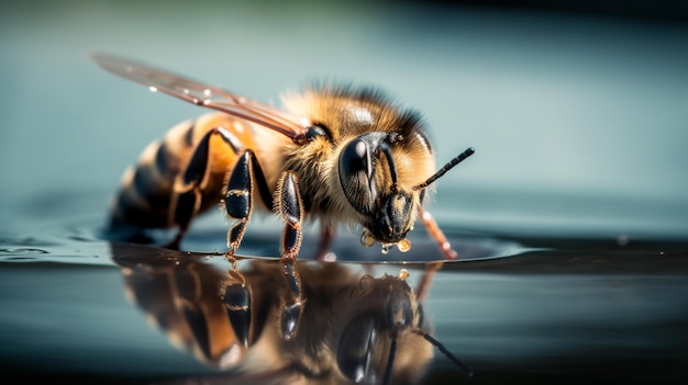 Pszczoła na wodzie pszczoły miodnej makro Generative AI