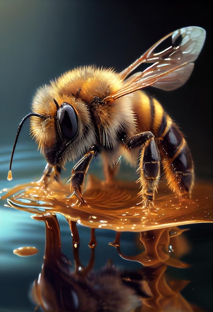 Pszczoła na wodzie pszczoły miodnej makro Realistyczna ilustracja Generative ai