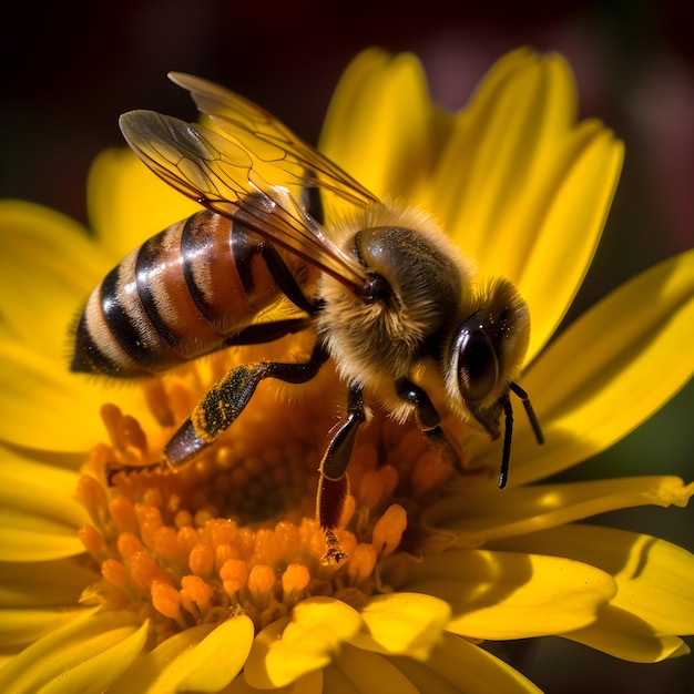 Zdjęcie pszczoła na żółtym kwiacie z czarnym paskiem.