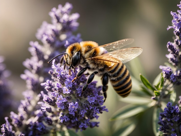 Pszczoła poszukująca nektaru na zbliżeniu kwiatu lawendy