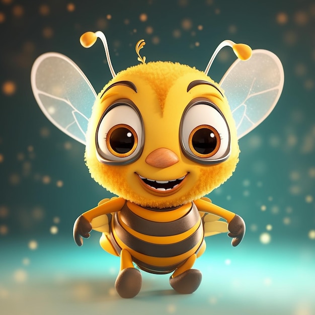 Pszczoła rysunkowa z dużymi oczami i dużymi zębami jest na niebieskim tle.