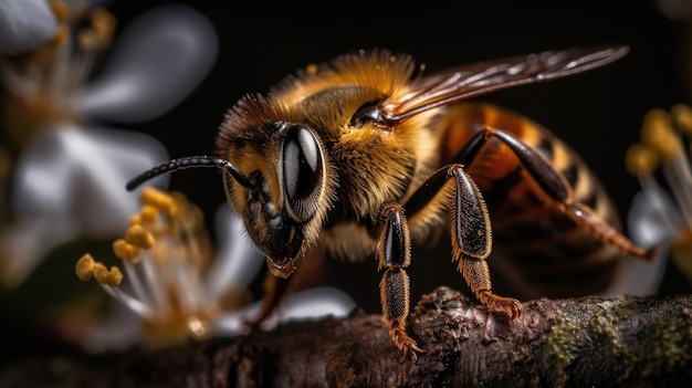 Pszczoła siedzi na gałęzi z rozpostartymi skrzydłami.