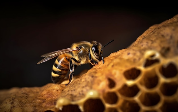 Pszczoła siedzi na odciętym plastrze miodu.
