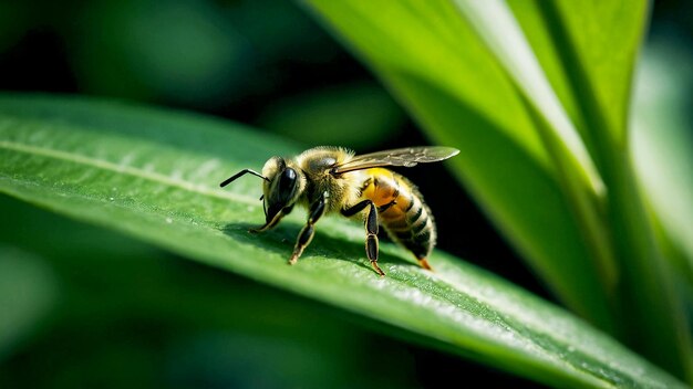 Zdjęcie pszczoła siedzi na zielonym liście i jest pszczołą